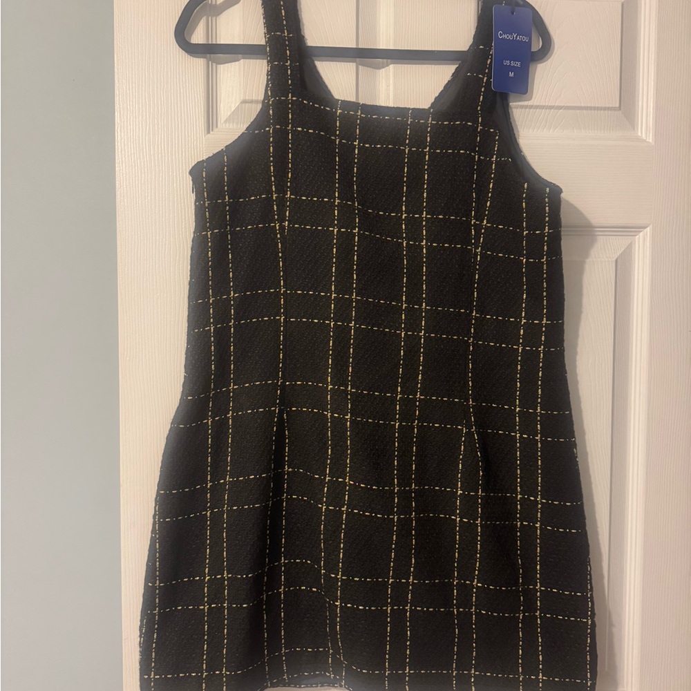 Chic Black and Gold Plaid Dress
